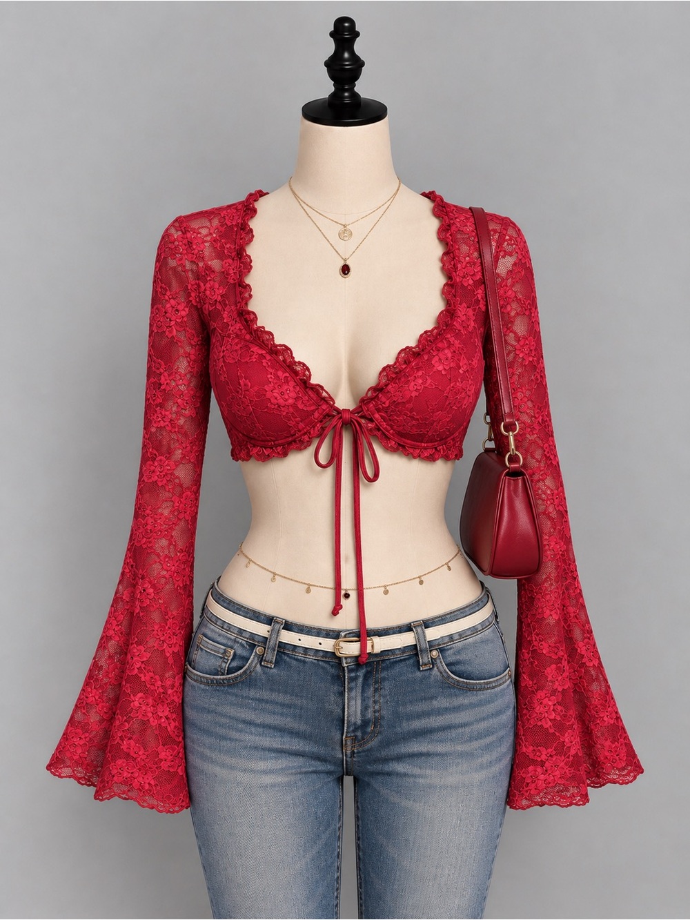 Red Lace Tie-Front Top with Bell Sleeves
